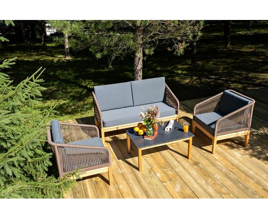 "Канны" лаунж-зона 4-местная из роупа со столом "Гранада" (серый гранит), основание дуб, роуп коричневый, ткань темно-серая, изображение 4 | Интернет магазин мебели и декора LifeDekor