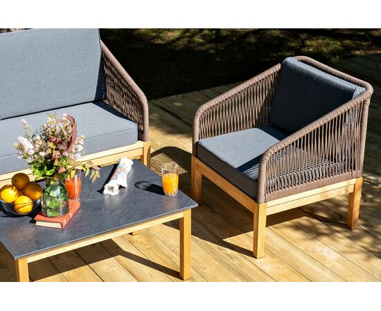 "Канны" лаунж-зона 4-местная из роупа со столом "Гранада" (серый гранит), основание дуб, роуп коричневый, ткань темно-серая, изображение 7 | Интернет магазин мебели и декора LifeDekor