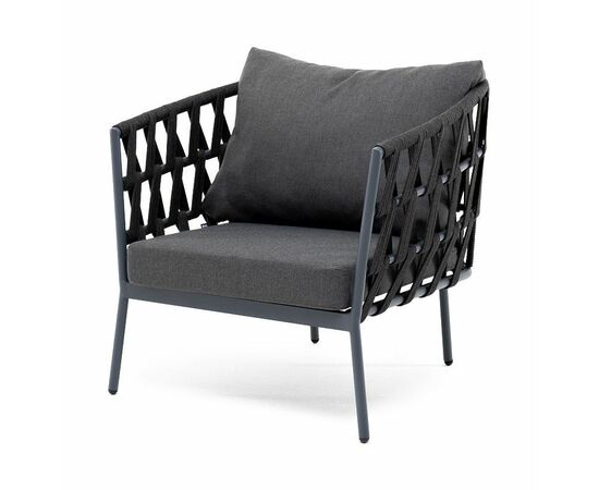 "Диего" кресло плетеное из роупа, каркас алюминий темно-серый (RAL7024) муар, роуп темно-серый круглый, ткань темно-серая 027 | Интернет магазин мебели и декора LifeDekor