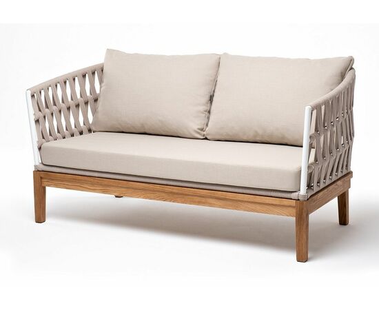 "Диего" диван 2-местный плетеный из роупа, основание дуб, каркас алюминий светло-серый (RAL7035) шагрень, роуп бежевый круглый, ткань бежевая 15052 | Интернет магазин мебели и декора LifeDekor