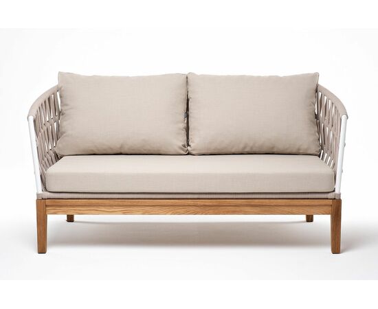 "Диего" диван 2-местный плетеный из роупа, основание дуб, каркас алюминий светло-серый (RAL7035) шагрень, роуп бежевый круглый, ткань бежевая 15052, изображение 2 | Интернет магазин мебели и декора LifeDekor