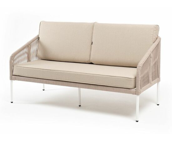 "Канны" диван 2-местный плетеный из роупа, каркас алюминий белый муар, роуп бежевый круглый, ткань бежевая 052 | Интернет магазин мебели и декора LifeDekor