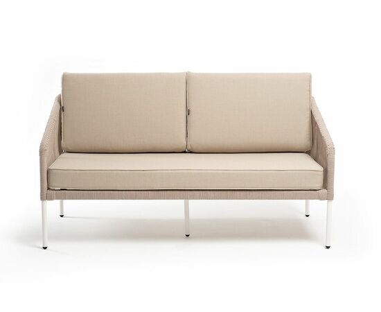 "Канны" диван 2-местный плетеный из роупа, каркас алюминий белый муар, роуп бежевый круглый, ткань бежевая 052, изображение 2 | Интернет магазин мебели и декора LifeDekor