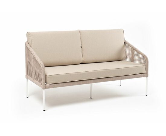 "Канны" диван 2-местный плетеный из роупа, каркас алюминий белый муар, роуп бежевый круглый, ткань бежевая 052, изображение 3 | Интернет магазин мебели и декора LifeDekor