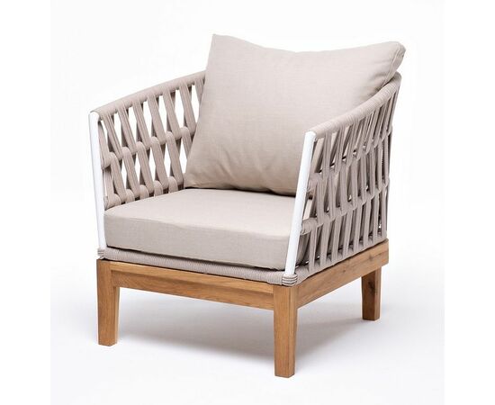 "Диего" кресло плетеное из роупа, основание дуб, каркас алюминий светло-серый (RAL7035) шагрень, роуп бежевый круглый, ткань бежевая 15052 | Интернет магазин мебели и декора LifeDekor