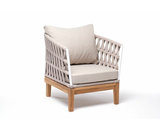 "Диего" кресло плетеное из роупа, основание дуб, каркас алюминий светло-серый (RAL7035) шагрень, роуп бежевый круглый, ткань бежевая 15052, изображение 3 | Интернет магазин мебели и декора LifeDekor