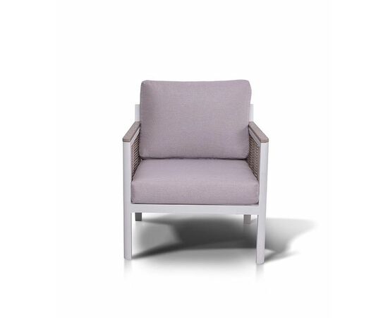 "Сан Ремо" кресло плетеное из роупа садовое, каркас алюминий белый, роуп бежевый, ткань бежевая, изображение 2 | Интернет магазин мебели и декора LifeDekor