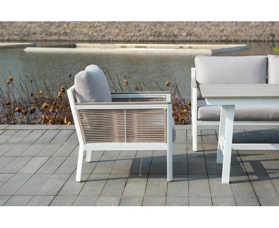 "Сан Ремо" кресло плетеное из роупа садовое, каркас алюминий белый, роуп бежевый, ткань бежевая, изображение 4 | Интернет магазин мебели и декора LifeDekor