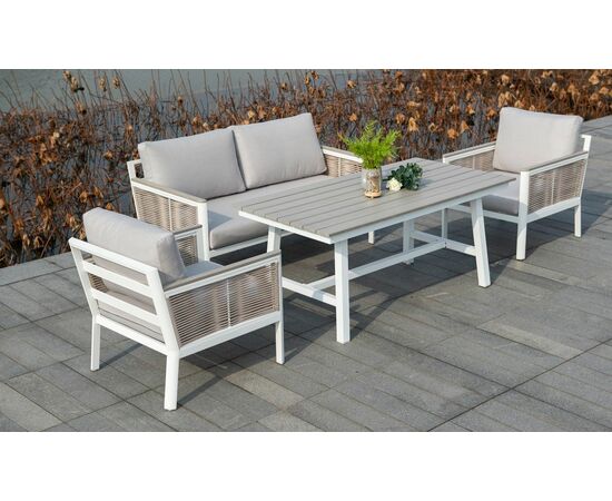 "Сан Ремо" кресло плетеное из роупа садовое, каркас алюминий белый, роуп бежевый, ткань бежевая, изображение 7 | Интернет магазин мебели и декора LifeDekor