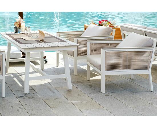 "Сан Ремо" кресло плетеное из роупа садовое, каркас алюминий белый, роуп бежевый, ткань бежевая, изображение 10 | Интернет магазин мебели и декора LifeDekor