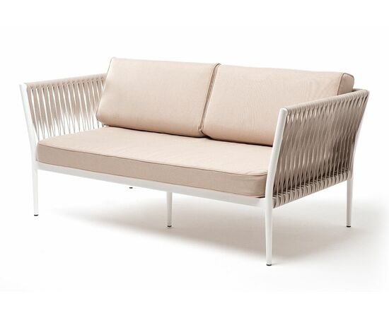"Касабланка" диван 2-местный плетеный из роупа, каркас алюминий светло-серый (RAL7035) муар, роуп серо-коричневый 23мм, ткань бежевая 052 | Интернет магазин мебели и декора LifeDekor