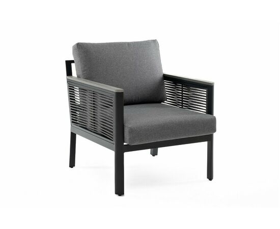 "Сан Ремо" кресло плетеное из роупа садовое, каркас алюминий темно-серый, роуп серый, ткань серая, изображение 3 | Интернет магазин мебели и декора LifeDekor