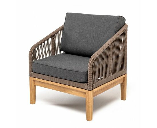 "Канны" кресло плетеное из роупа, основание дуб, роуп коричневый круглый, ткань темно-серая 027 | Интернет магазин мебели и декора LifeDekor