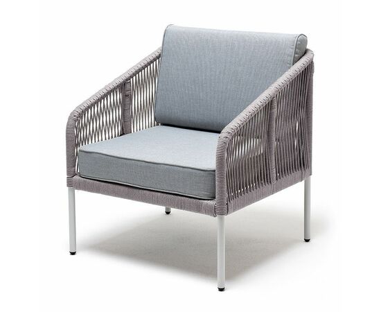 "Канны" кресло плетеное из роупа, каркас алюминий светло-серый (RAL7035) муар, роуп светло-серый круглый, ткань светло-серая | Интернет магазин мебели и декора LifeDekor