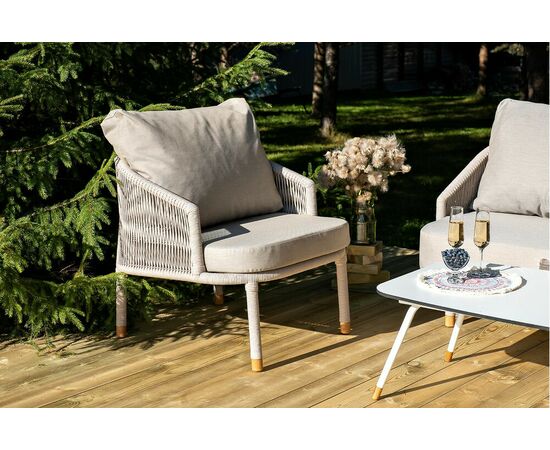 "Верона" кресло плетеное из роупа, каркас алюминий белый муар, роуп бежевый круглый, ткань бежевая 15052, изображение 8 | Интернет магазин мебели и декора LifeDekor