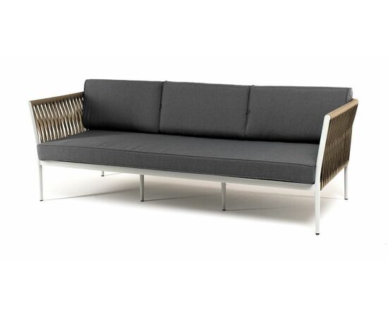 "Касабланка" диван 3-местный плетеный из роупа, каркас алюминий светло-серый (RAL7035) муар, роуп серо-коричневый 23мм, ткань серая | Интернет магазин мебели и декора LifeDekor