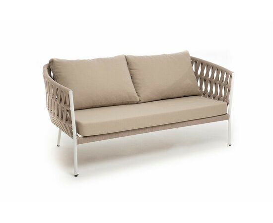 "Диего" диван 2-местный плетеный из роупа, каркас алюминий белый муар, роуп бежевый круглый, ткань бежевая 035, изображение 3 | Интернет магазин мебели и декора LifeDekor