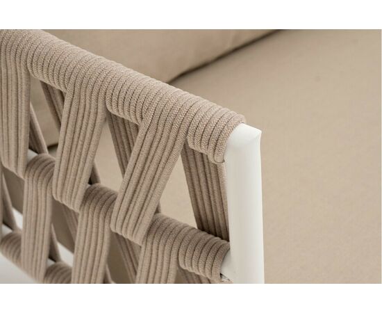 "Диего" диван 2-местный плетеный из роупа, каркас алюминий белый муар, роуп бежевый круглый, ткань бежевая 035, изображение 5 | Интернет магазин мебели и декора LifeDekor