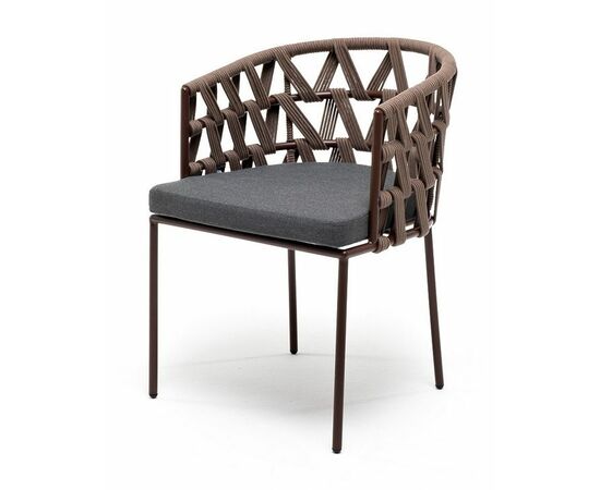 "Диего" стул плетеный из роупа, каркас из стали коричневый (RAL8016) муар, роуп коричневый круглый, ткань темно-серая 027 | Интернет магазин мебели и декора LifeDekor