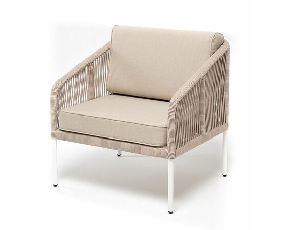 "Канны" кресло плетеное из роупа, каркас алюминий белый, муар, роуп бежевый круглый, ткань бежевая 035 | Интернет магазин мебели и декора LifeDekor