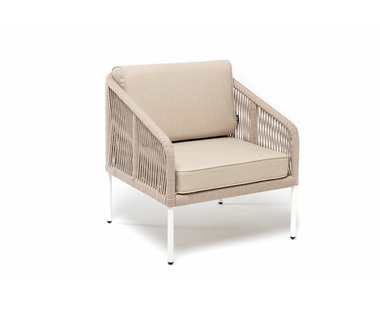 "Канны" кресло плетеное из роупа, каркас алюминий белый, муар, роуп бежевый круглый, ткань бежевая 035, изображение 3 | Интернет магазин мебели и декора LifeDekor