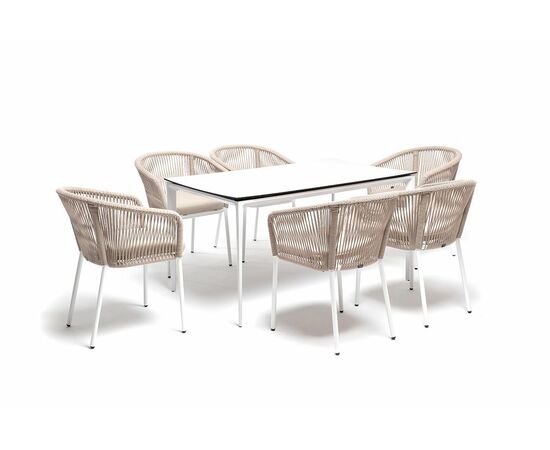 "Малага" обеденная группа на 6 персон со стульями "Марсель", каркас белый, роуп бежевый | Интернет магазин мебели и декора LifeDekor