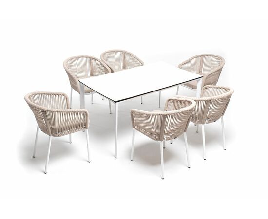 "Малага" обеденная группа на 6 персон со стульями "Марсель", каркас белый, роуп бежевый, изображение 2 | Интернет магазин мебели и декора LifeDekor