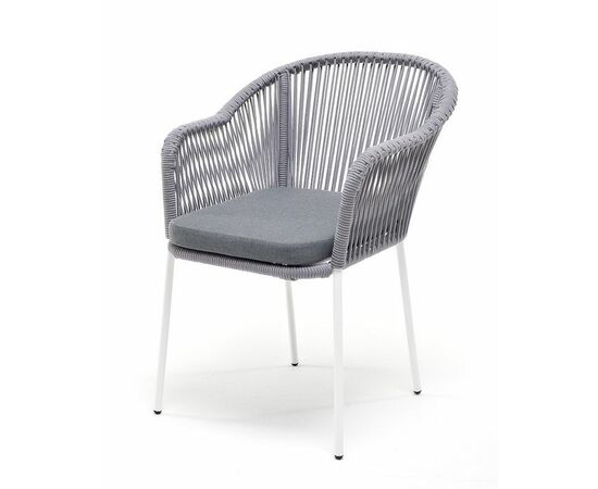 "Лион" стул плетеный из роупа, каркас из стали белый муар, роуп светло-серый круглый, ткань светло-серая | Интернет магазин мебели и декора LifeDekor
