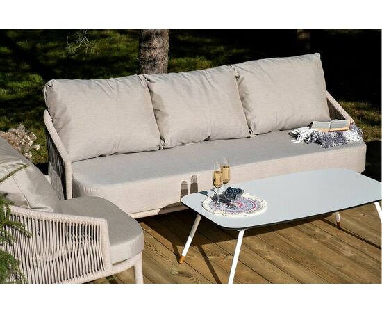 "Верона" диван 3-местный плетеный из роупа, каркас алюминий белый муар, роуп бежевый круглый, ткань бежевая 15052, изображение 9 | Интернет магазин мебели и декора LifeDekor