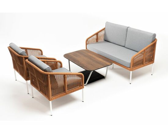 "Канны" лаунж-зона 4-местная из роупа со столом "Глория" цвет "дуб", каркас алюминиевый белый, роуп оранжевый меланж, изображение 2 | Интернет магазин мебели и декора LifeDekor