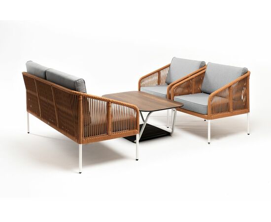 "Канны" лаунж-зона 4-местная из роупа со столом "Глория" цвет "дуб", каркас алюминиевый белый, роуп оранжевый меланж, изображение 3 | Интернет магазин мебели и декора LifeDekor