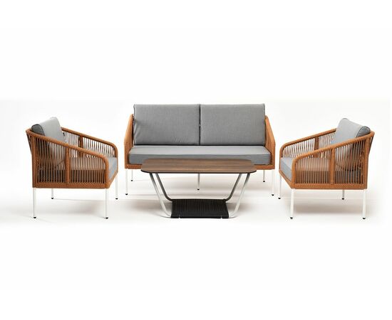 "Канны" лаунж-зона 4-местная из роупа со столом "Глория" цвет "дуб", каркас алюминиевый белый, роуп оранжевый меланж, изображение 5 | Интернет магазин мебели и декора LifeDekor