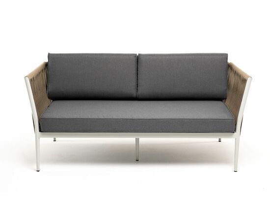 "Касабланка" диван 2-местный плетеный из роупа, каркас алюминий светло-серый (RAL7035) шагрень, роуп серо-коричневый 23мм, ткань бежевая интерьерная, изображение 2 | Интернет магазин мебели и декора LifeDekor