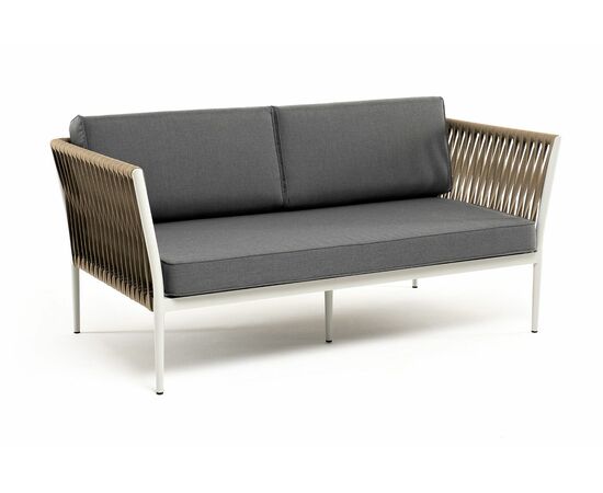 "Касабланка" диван 2-местный плетеный из роупа, каркас алюминий светло-серый (RAL7035) шагрень, роуп серо-коричневый 23мм, ткань бежевая интерьерная, изображение 3 | Интернет магазин мебели и декора LifeDekor