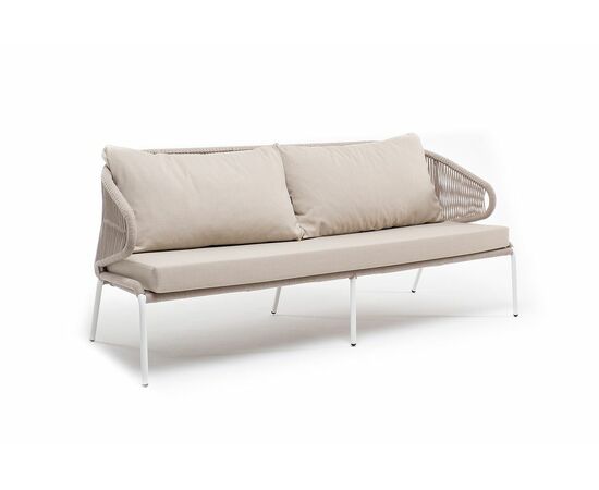"Милан" диван 3-местный плетеный из роупа, каркас алюминий белый муар, роуп бежевый круглый, ткань бежевая 052, изображение 2 | Интернет магазин мебели и декора LifeDekor