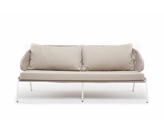 "Милан" диван 3-местный плетеный из роупа, каркас алюминий белый муар, роуп бежевый круглый, ткань бежевая 052, изображение 3 | Интернет магазин мебели и декора LifeDekor