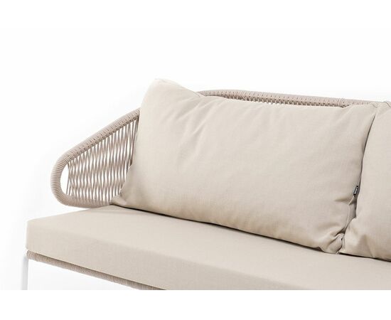 "Милан" диван 3-местный плетеный из роупа, каркас алюминий белый муар, роуп бежевый круглый, ткань бежевая 052, изображение 4 | Интернет магазин мебели и декора LifeDekor