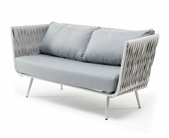 "Монако" диван 2-местный плетеный из роупа, каркас алюминий светло-серый (RAL7035) муар, роуп светло-серый 40 мм, ткань светло-серая | Интернет магазин мебели и декора LifeDekor