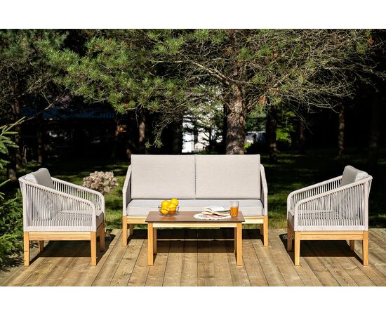 "Канны" лаунж-зона 4-местная из роупа со столиком "Канны" цвета "дуб", основание дуб, роуп бежевый | Интернет магазин мебели и декора LifeDekor