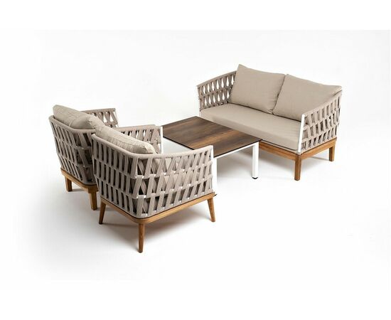 "Диего" лаунж-зона 4-местная плетеная из роупа со столиком "Канны" цвета "дуб", основание дуб, роуп бежевый, изображение 2 | Интернет магазин мебели и декора LifeDekor