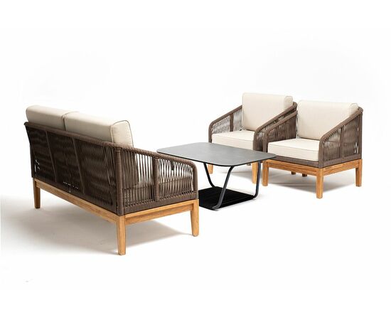 "Канны" лаунж-зона 4-местная из роупа со столом "Гранада" (серый гранит), основание дуб, роуп коричневый, ткань бежевая | Интернет магазин мебели и декора LifeDekor