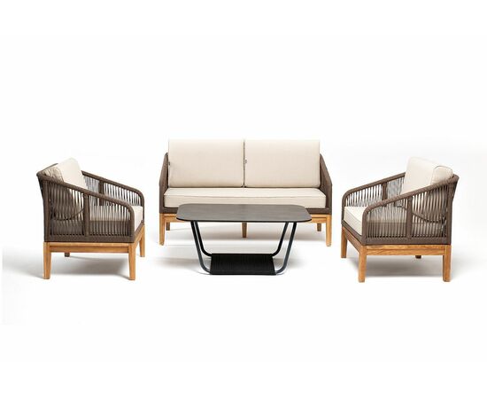 "Канны" лаунж-зона 4-местная из роупа со столом "Гранада" (серый гранит), основание дуб, роуп коричневый, ткань бежевая, изображение 3 | Интернет магазин мебели и декора LifeDekor