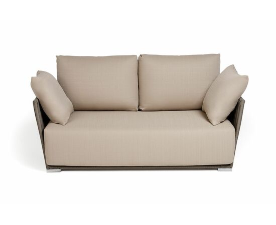 "Форли" диван 2-местный плетеный из роупа, каркас алюминий светло-серый (RAL7035) муар, роуп серо-коричневый 23мм, ткань Mossle бежевая, изображение 2 | Интернет магазин мебели и декора LifeDekor