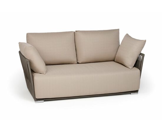 "Форли" диван 2-местный плетеный из роупа, каркас алюминий светло-серый (RAL7035) муар, роуп серо-коричневый 23мм, ткань Mossle бежевая, изображение 3 | Интернет магазин мебели и декора LifeDekor