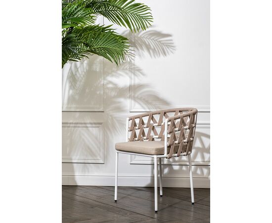 "Диего" стул плетеный из роупа, каркас из стали белый муар, роуп бежевый круглый, ткань бежевая 15052, изображение 10 | Интернет магазин мебели и декора LifeDekor