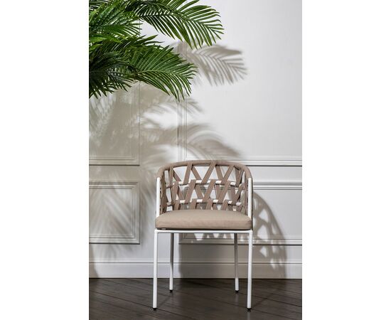 "Диего" стул плетеный из роупа, каркас из стали белый муар, роуп бежевый круглый, ткань бежевая 15052, изображение 11 | Интернет магазин мебели и декора LifeDekor