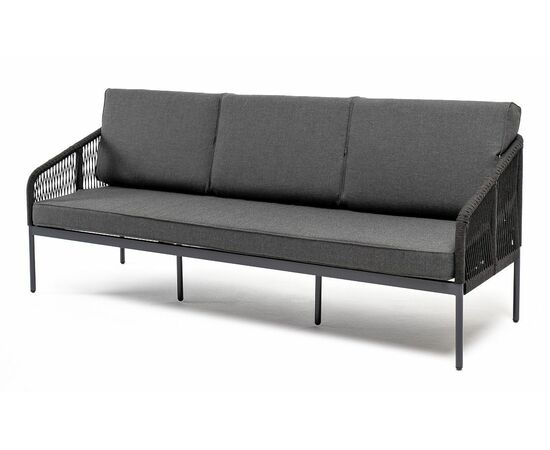 "Канны" диван 3-местный плетеный из роупа, каркас алюминий темно-серый (RAL7024) муар, роуп темно-серый круглый, ткань темно-серая 027 | Интернет магазин мебели и декора LifeDekor