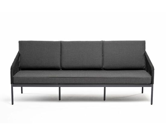 "Канны" диван 3-местный плетеный из роупа, каркас алюминий темно-серый (RAL7024) муар, роуп темно-серый круглый, ткань темно-серая 027, изображение 2 | Интернет магазин мебели и декора LifeDekor