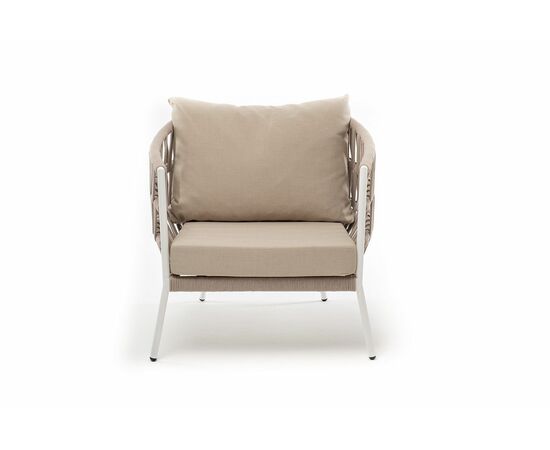 "Диего" кресло плетеное из роупа, каркас алюминий белый муар, роуп бежевый круглый, ткань бежевая 052, изображение 2 | Интернет магазин мебели и декора LifeDekor