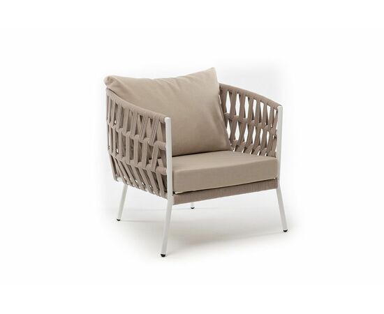 "Диего" кресло плетеное из роупа, каркас алюминий белый муар, роуп бежевый круглый, ткань бежевая 052, изображение 3 | Интернет магазин мебели и декора LifeDekor